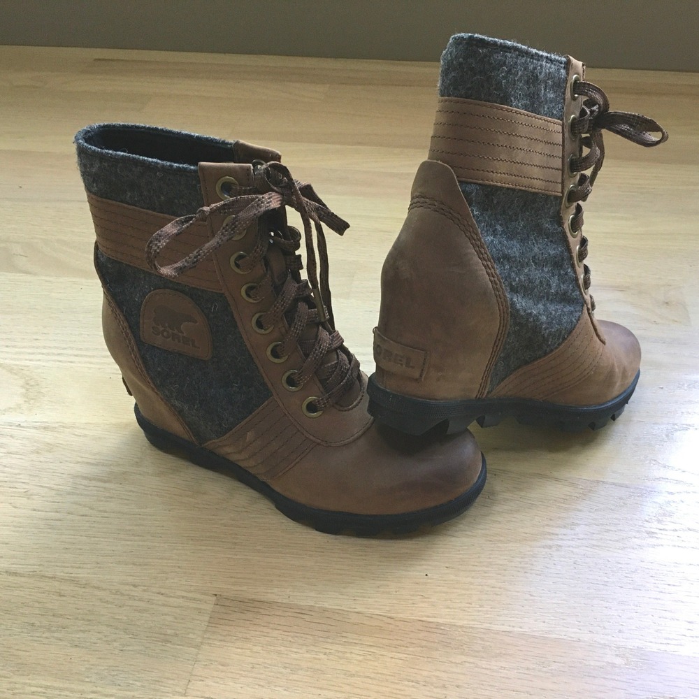 Sorel Lexie Wedge Elk Quarry Leather Ankle Boots NL3376-256 Womens 6.5